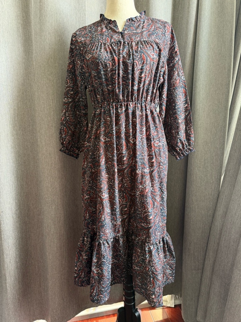 Paisley Ruffle-Hem Long Sleeve Maxi Dress in Navy and Rust Tones